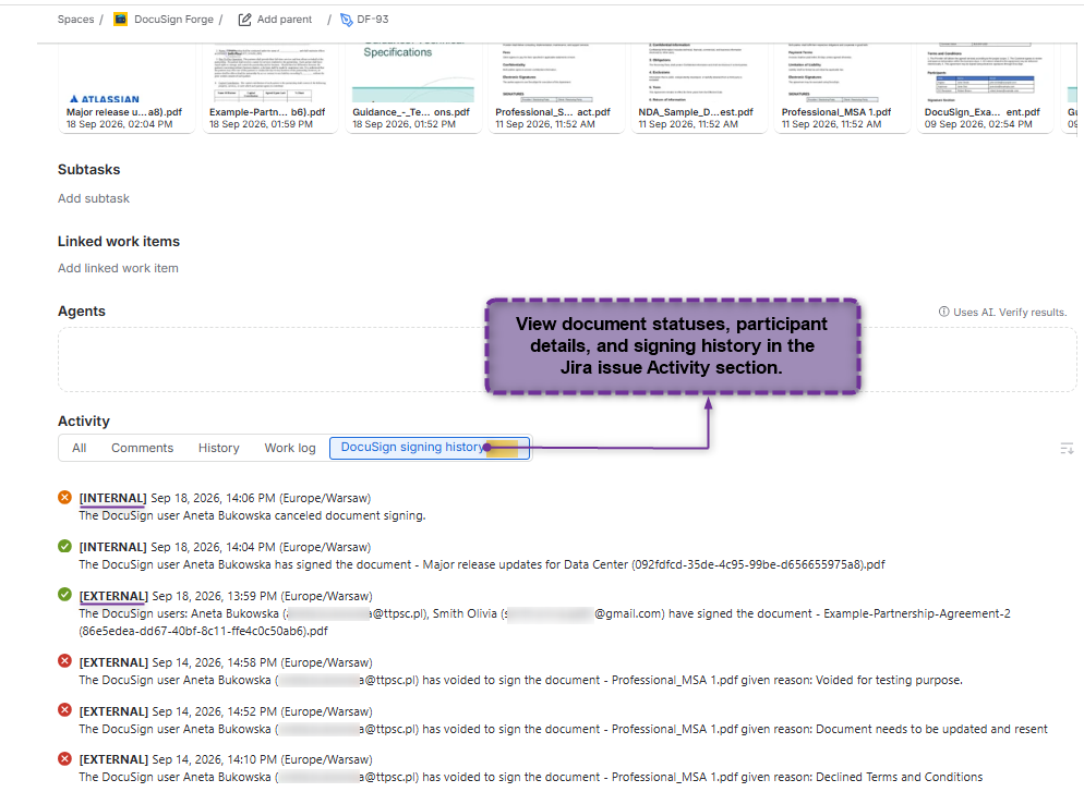 ​Gain full visibility into the signing process with a dedicated ​DocuSign Signing History tab. View timestamps, participant details and the status of each document in convenient location.