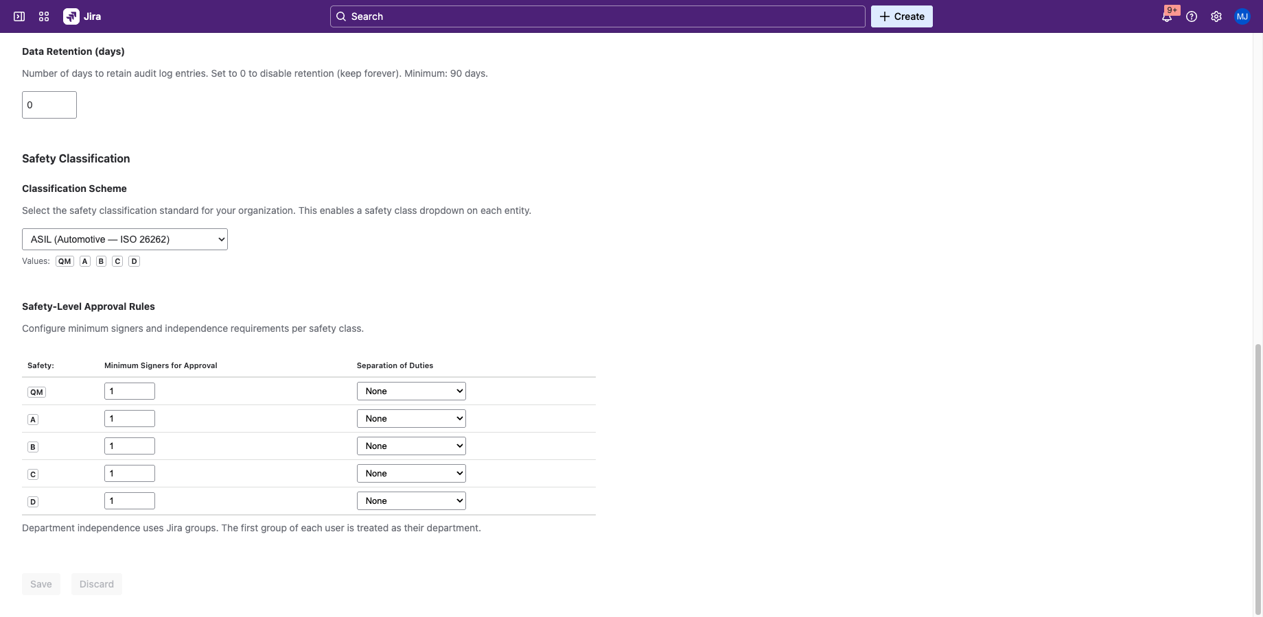 Separation of duties enforced at person or department level. Confluence page signing via content action menu. Inline signature block macro for published pages.