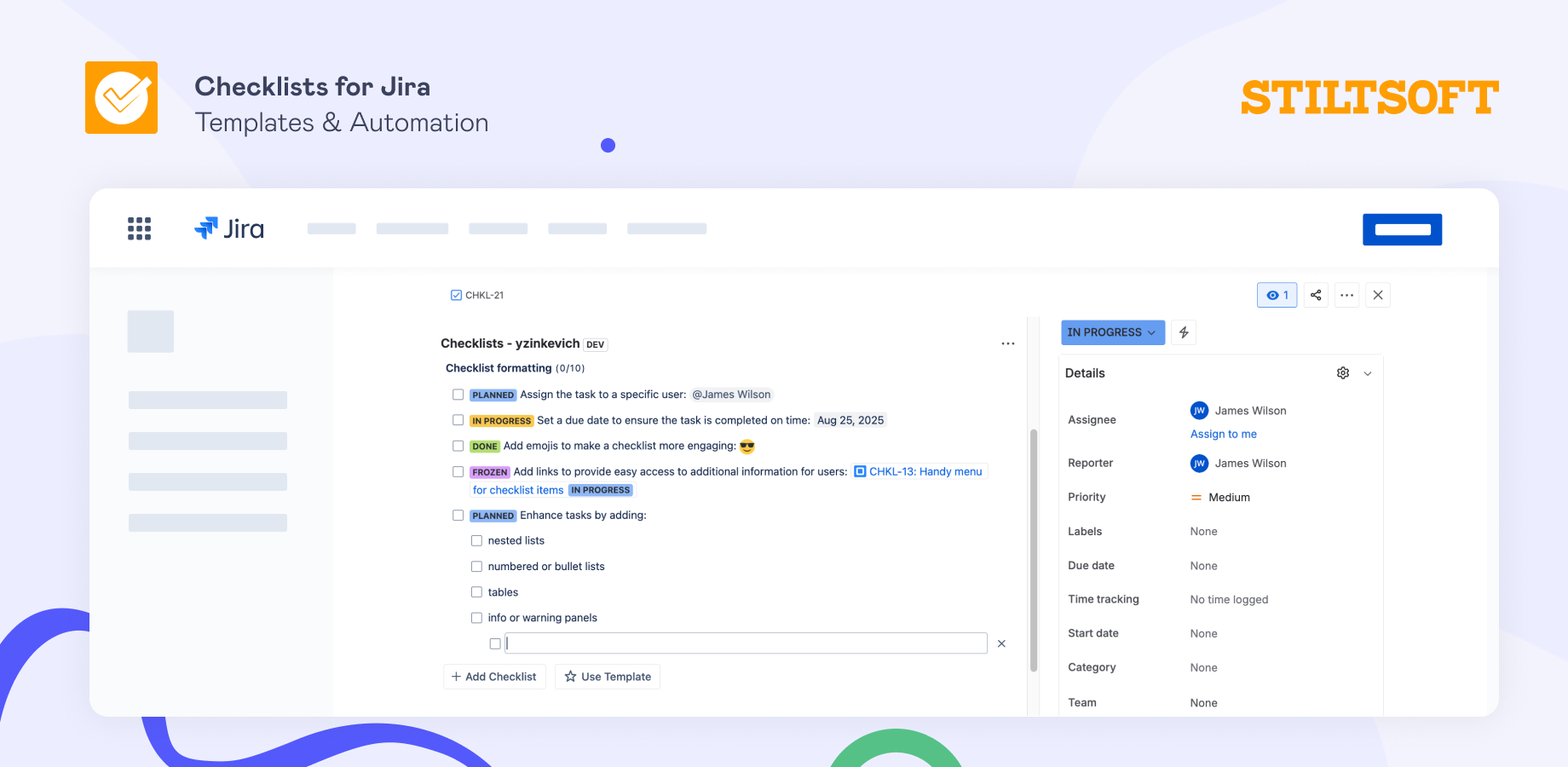 Stop drowning in subtasks. Break down work into checklist items with statuses, assignees, links, bullet lists, and deadlines instead.