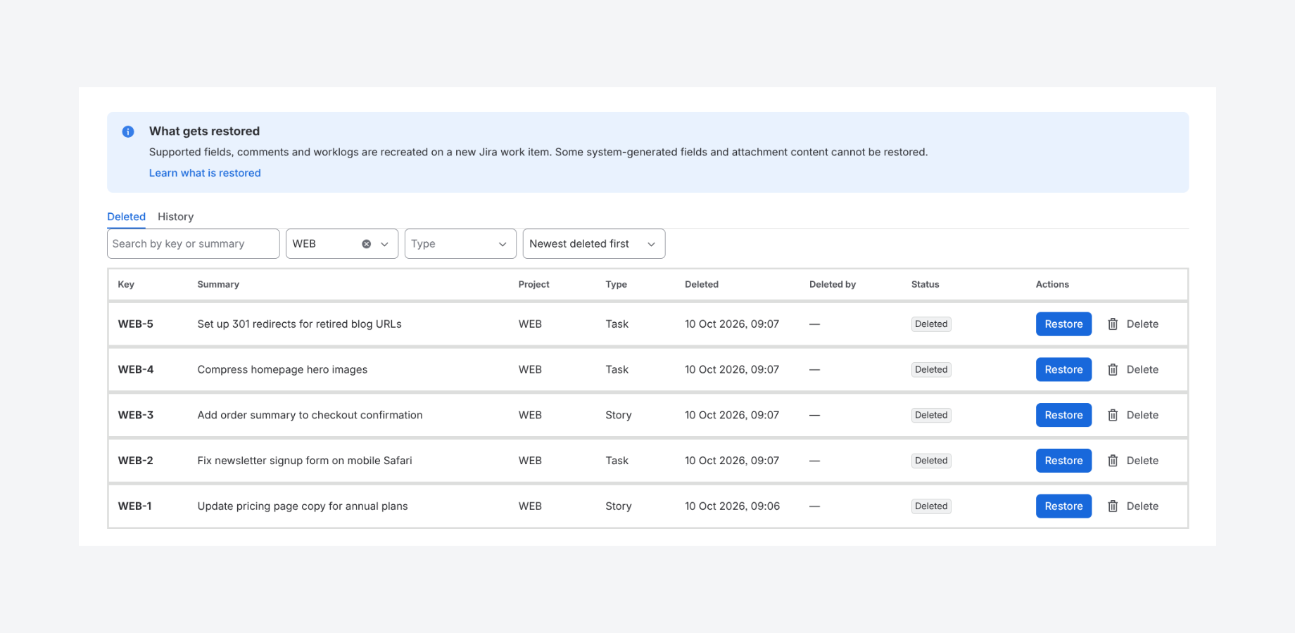 Deleted Jira work items appear in IssueRescue's recovery list, where Jira admins can search, filter by project or type and restore each one.