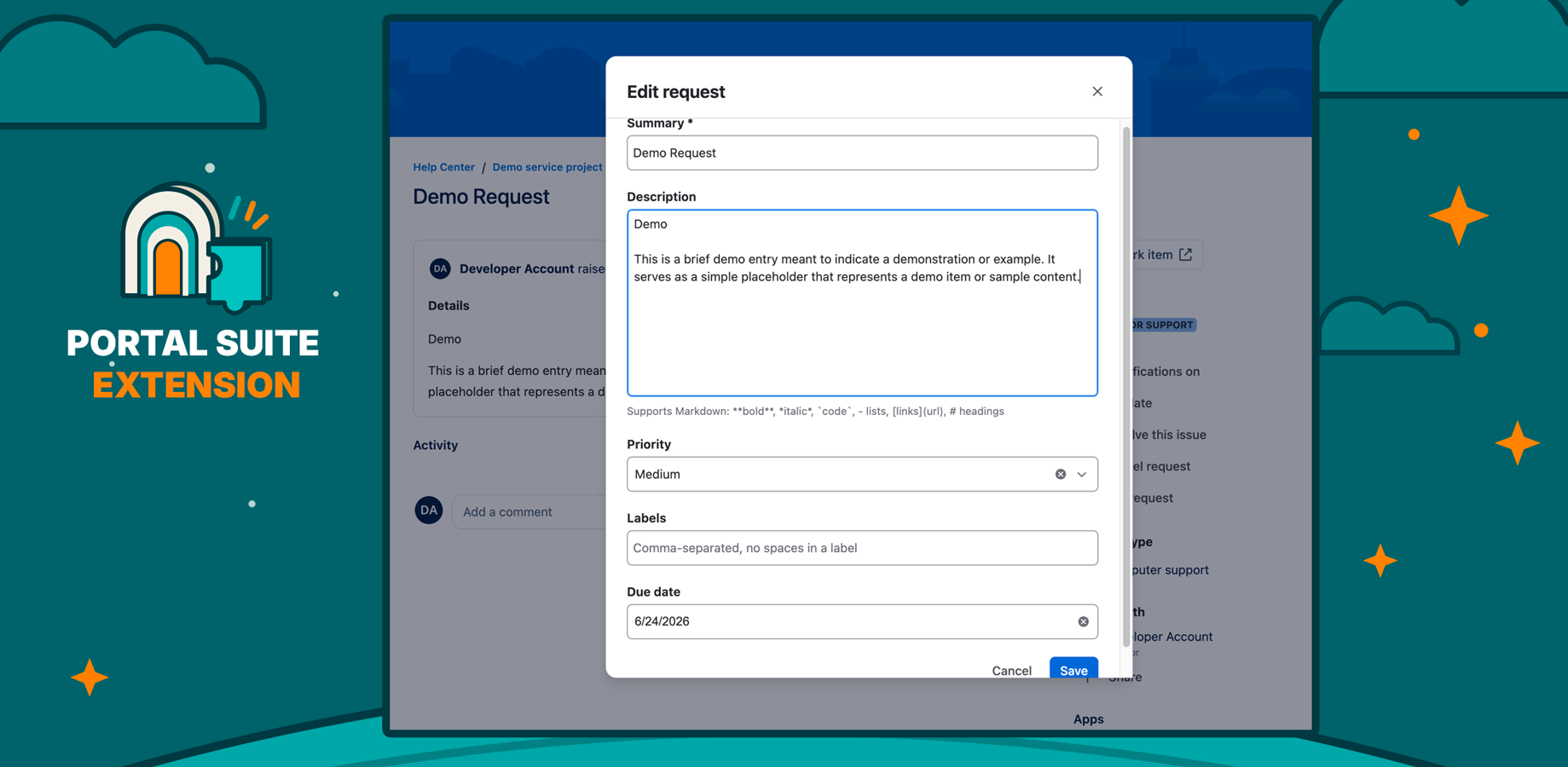 The Edit request dialog on the customer portal: summary, Markdown description, priority, labels and due date — only the fields a project admin whitelisted, re-validated on every save.
