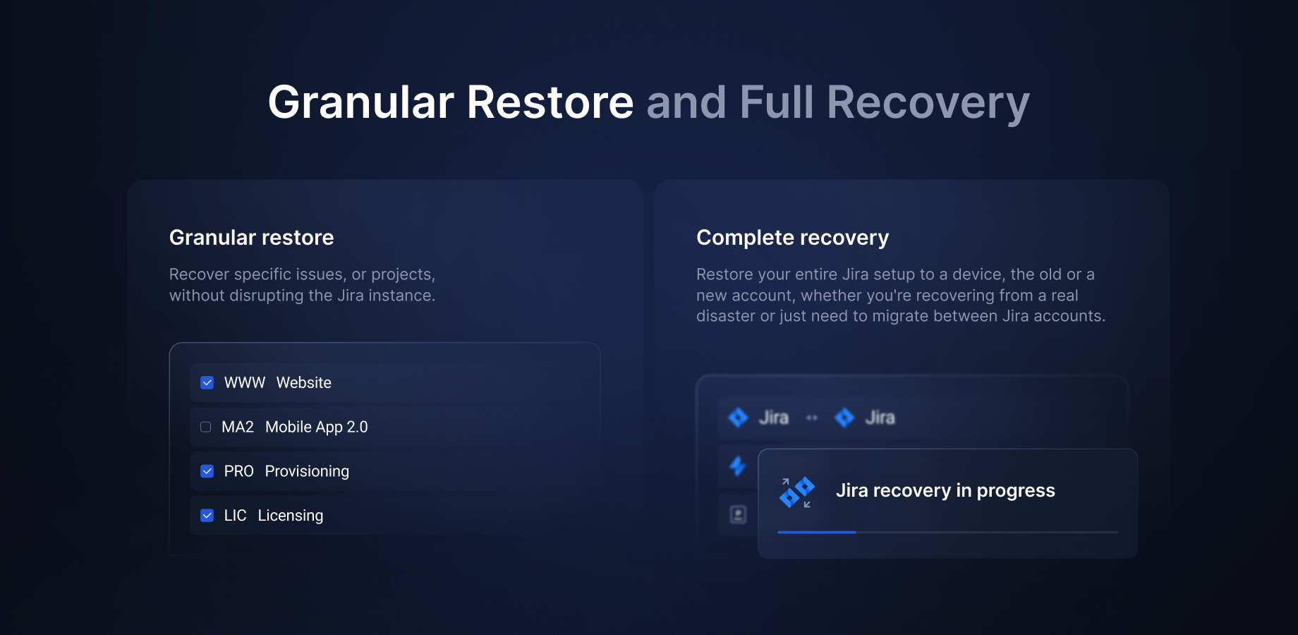 Recover your entire Jira instance or choose data to restore - projects, issues, attachments, or workflows. Restore to the same or new Jira account (even free) or local machine to eliminate service outages or data loss.