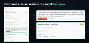My recurring requests in the portal: Cancel asks first, because cancelling deletes the schedule, and a schedule the customer paused reads “Paused by you”, with Resume to start it again.