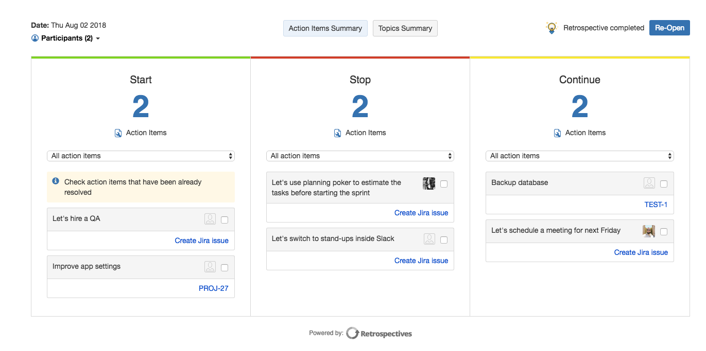 See and visit the Jira issues you've created during the retrospective by clicking on each issue key.