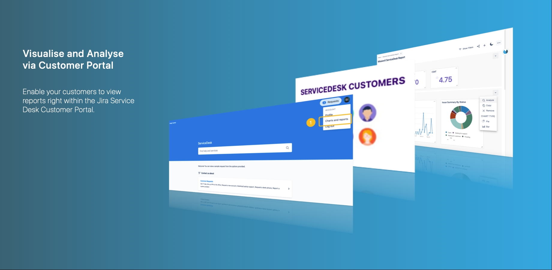 No need of emailing Jira Reports to your Service Desk customers.
Provide reporting transparency to your customers by enabling them to analyze and visualize reports right within the Jira Service Desk Customer Portal.