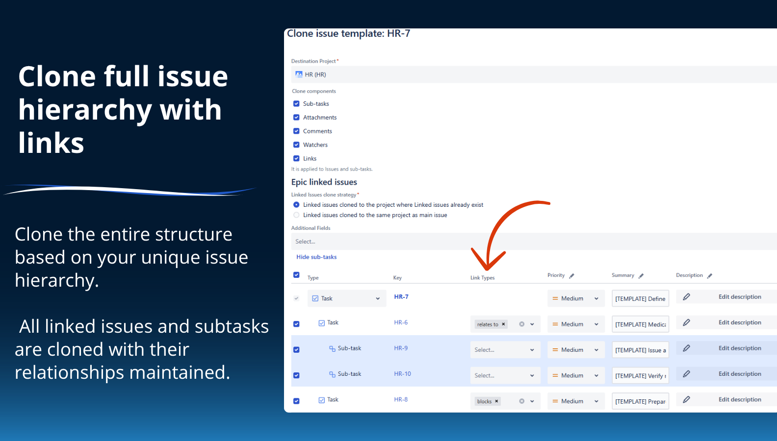 Clone hierarchy built based on links. You can create any structures you need and replicate them effectively. 