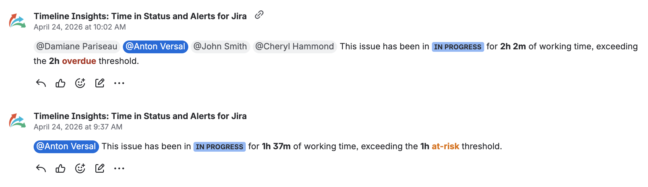 Example Jira notification comment from Timeline Insights mentioning a user when a work item has stayed in progress beyond the at-risk working-time threshold.