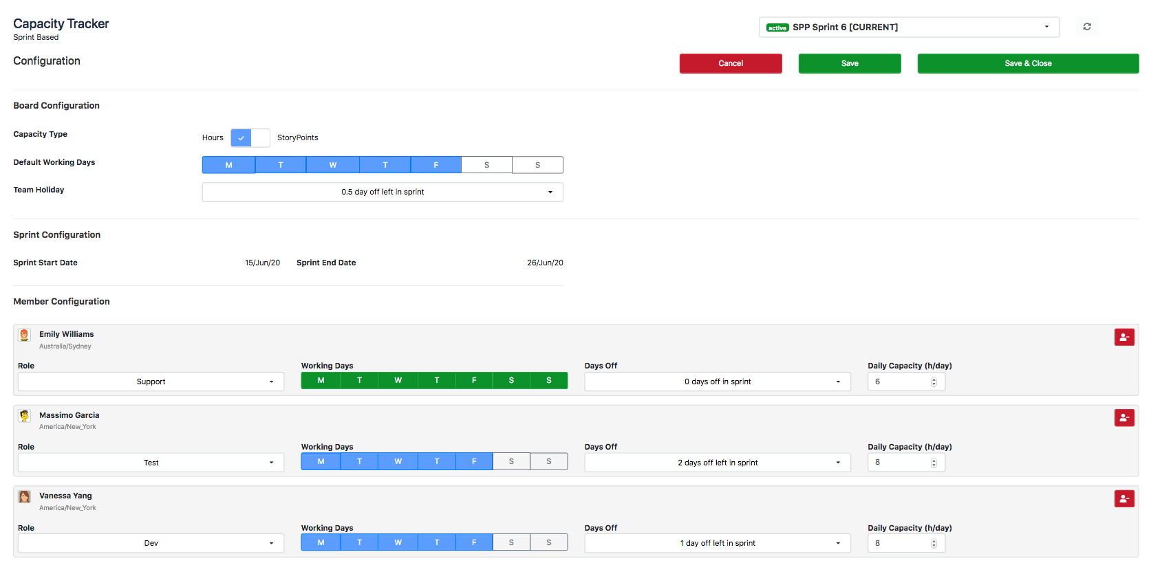 Configure the daily capacity, role and days off of your members.
Provide company working days and holidays.