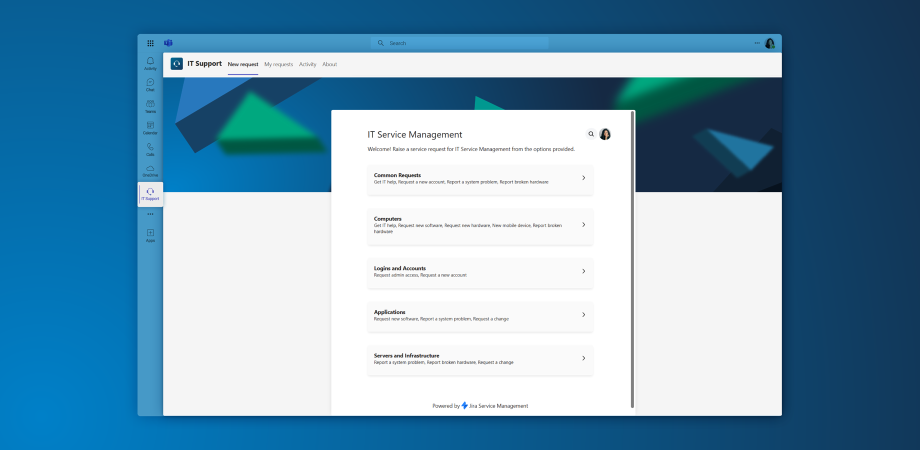 Integrate your Jira Service Management portal in Microsoft Teams. It works just like your customer portal in the browser, incl. custom fields and forms. Customers can raise support tickets right in Microsoft Teams.