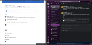 One JSM request, two audiences: the customer's portal shows only public replies, while your team's Slack thread labels every comment — 👤 customer, 🔒 internal, 💬 public. Internal notes never reach the customer.