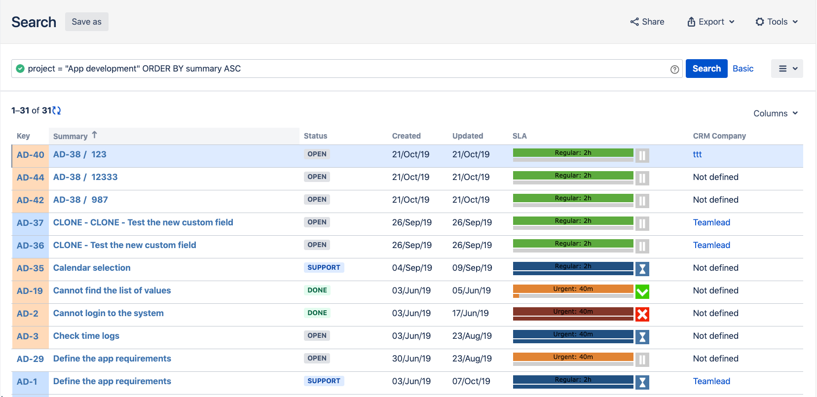 Find the issues matching a JQL-condition