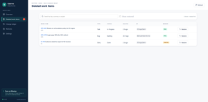 Deleted work items: type, status, when and who deleted (person or Automation for Jira), mirror status and a Restore button per item.