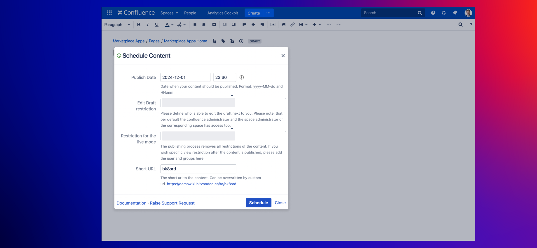 Define the date and time when your post should be published. A short URL is supplied that is valid after the post is published.