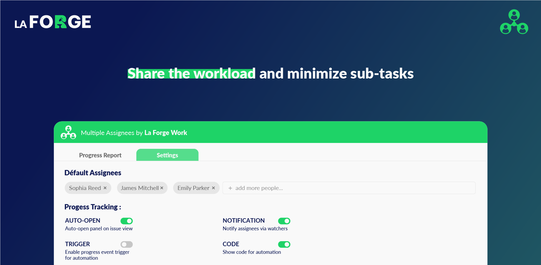 Control how the app behaves in each project: set default assignees, auto-open the panel, manage watcher alerts — and easily copy smart values for use in Jira Automation.