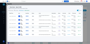 Open a day to see each worklog with its hours, cost rate, cost, price rate and price. Demo data.