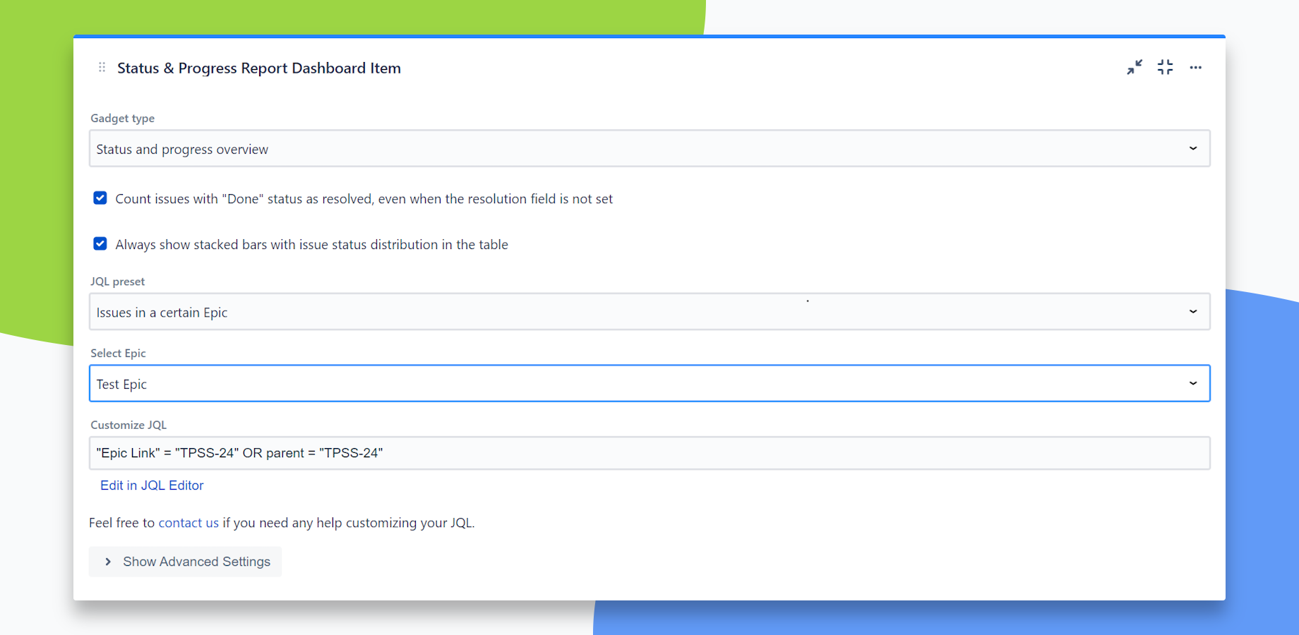Configure app to include issues using JQL filter