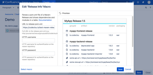 Insert "Release Info Macro" into Confluence Page. Specify URL to maven pom.xml in Macro Browser.