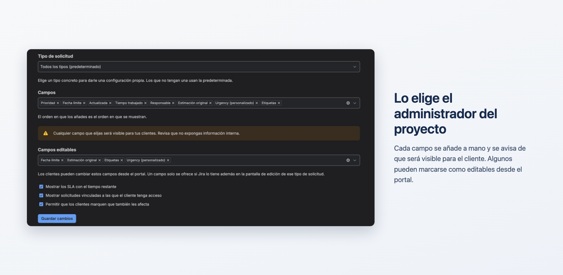Project settings: which fields are visible, which are editable, and the warning that stays on screen.