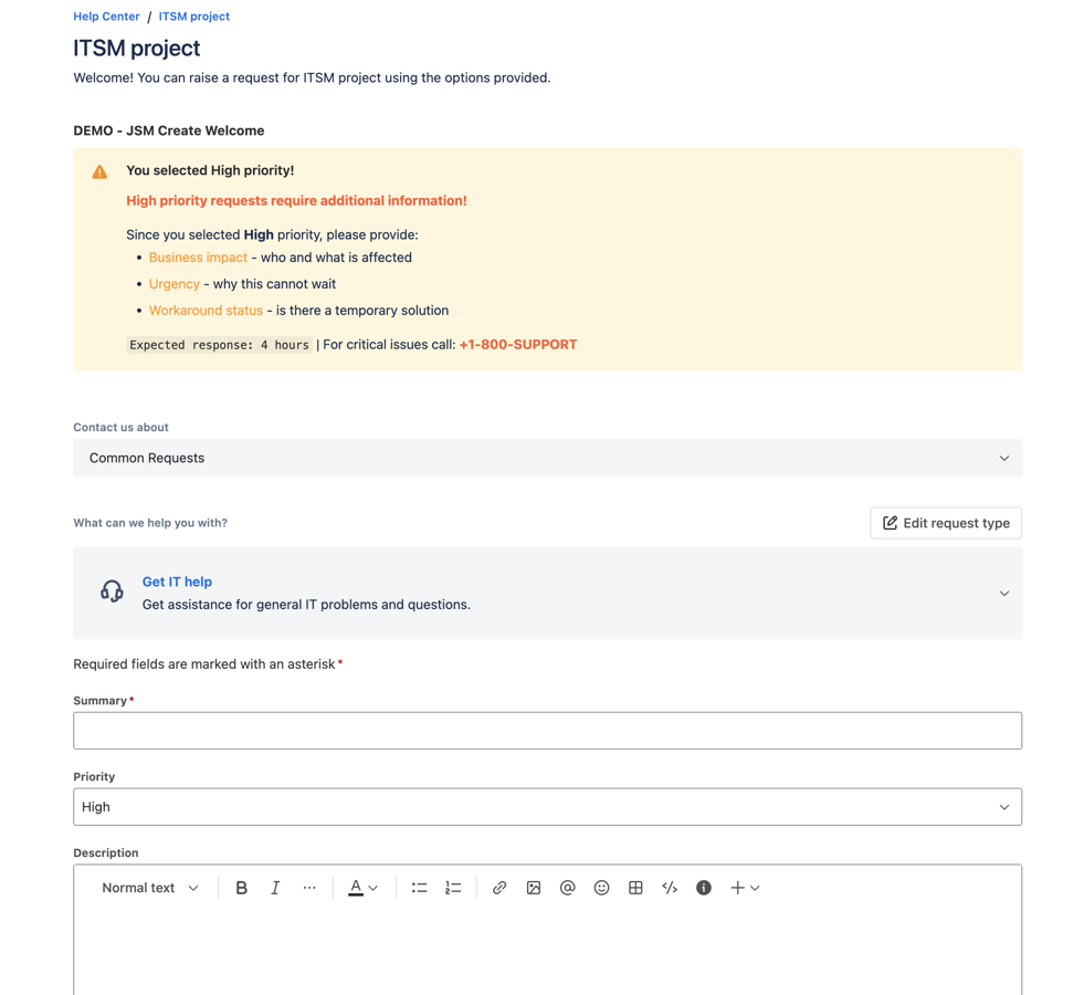 Add dynamic information panels to your JSM customer portal. Display issue details, HTML alerts, related issues tables, important announcements, and support contact info to guide customers through their requests.