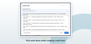 The picker open on a work item: the multi-select field holds two selections as removable chips while the single-select field is searched, each result showing type, summary, priority and status.