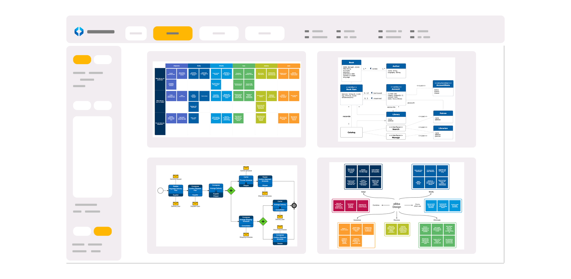 Collaborate with your team in a seamless workspace that expands and re-formats automatically as you add ideas. You can combine free-form brainstorming with diagrams like flowcharts and roadmaps added from blueprints.