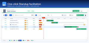 One-click Standup mode: shuffled roster, one speaker at a time, green checkmarks as each person finishes.