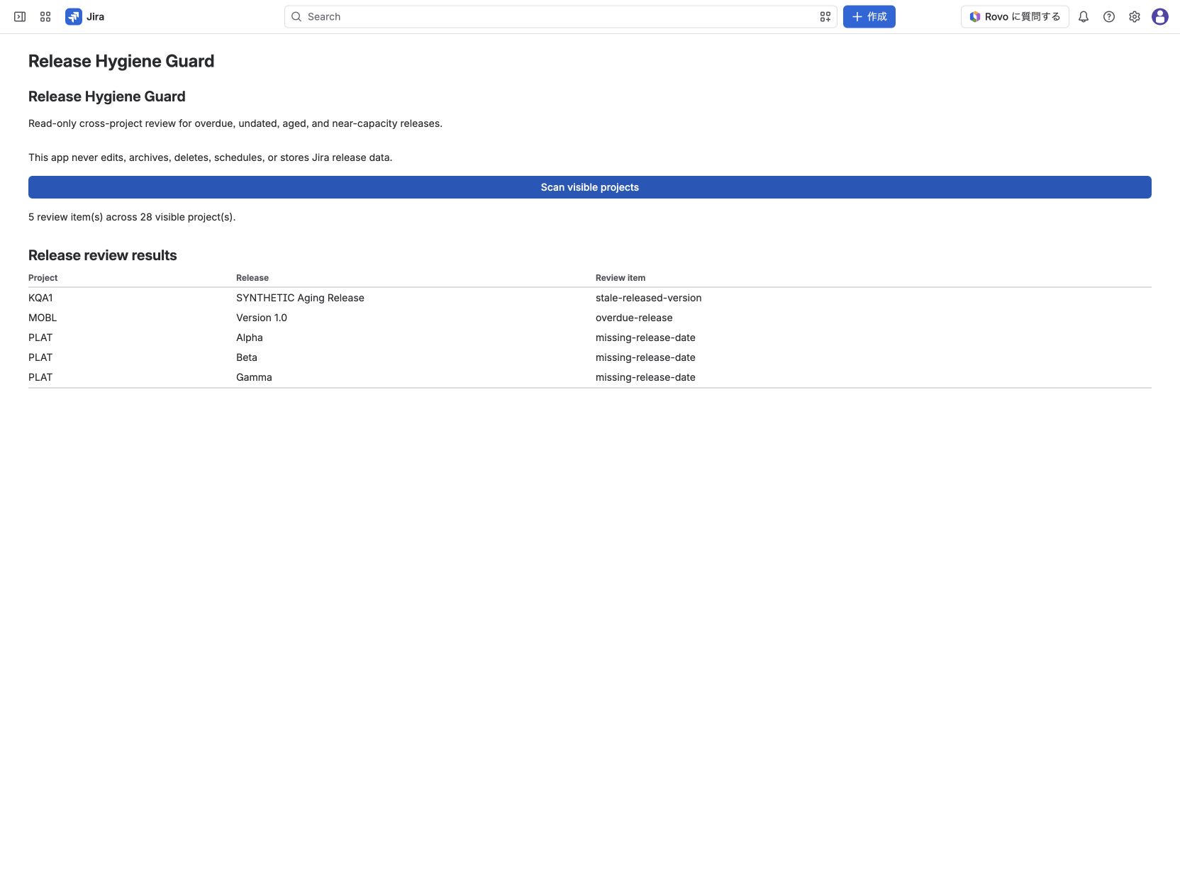 Actual stale-released-version finding generated from a synthetic QA release.