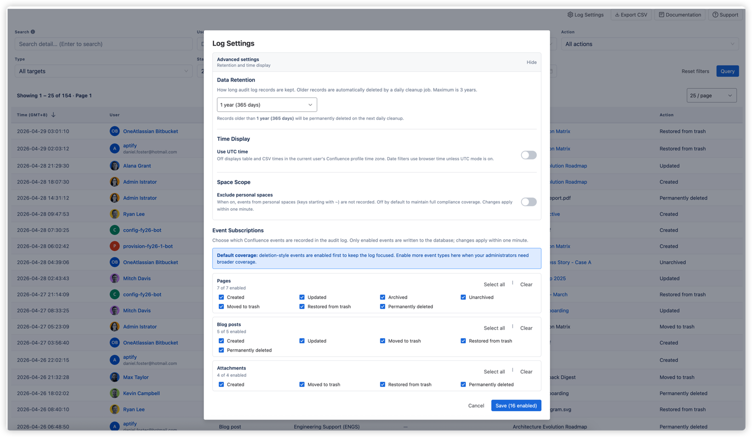 Log Settings panel: control data retention, time display, space scope, and event subscriptions for Pages, Blog Posts, and Attachments. Default coverage focuses on deletion-style events to keep logs lean
