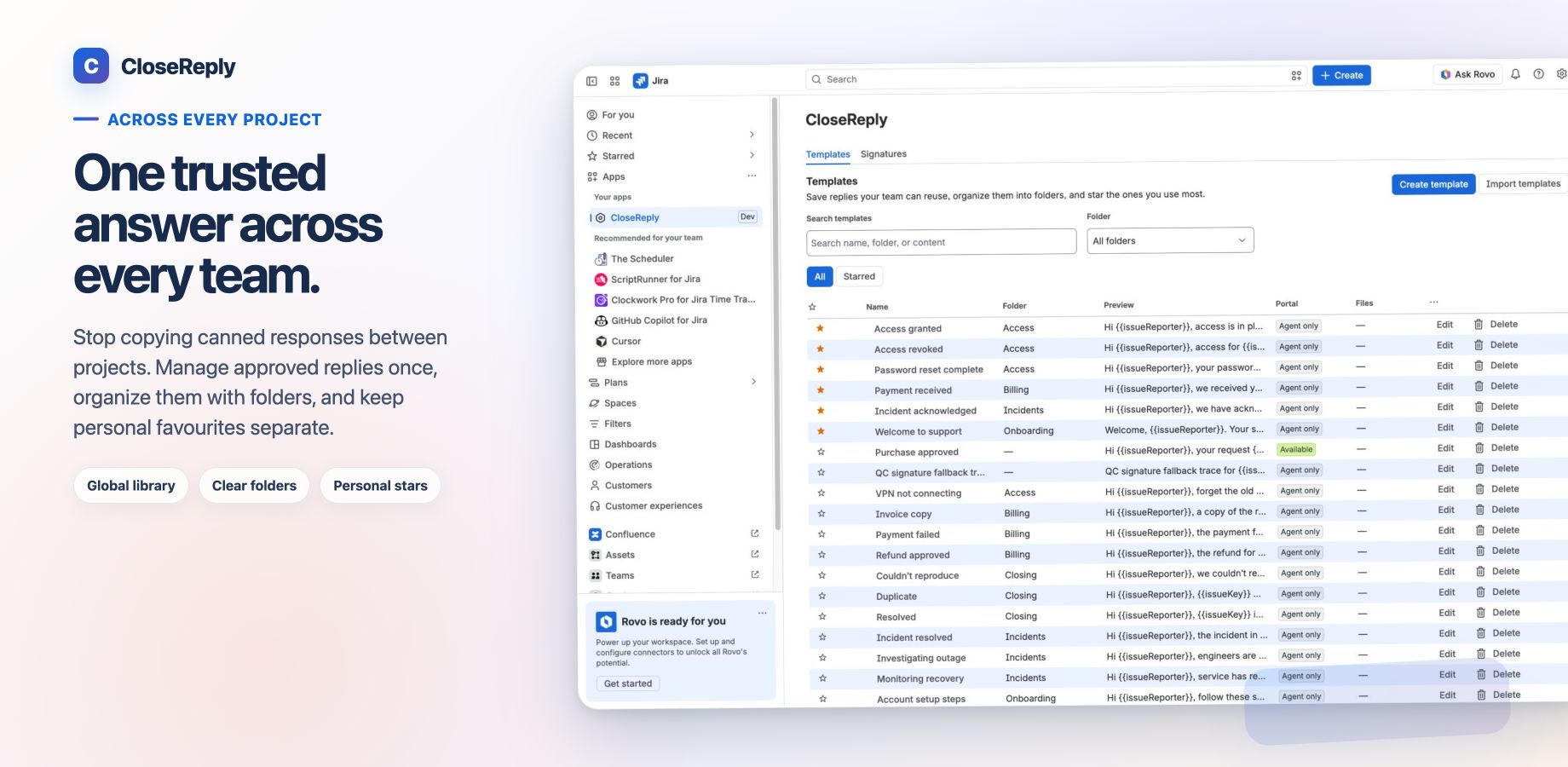 Manage one shared response library with folders and personal stars across service, software, and business projects.