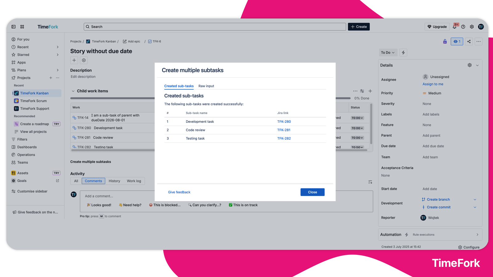 Subtasks results dialogue