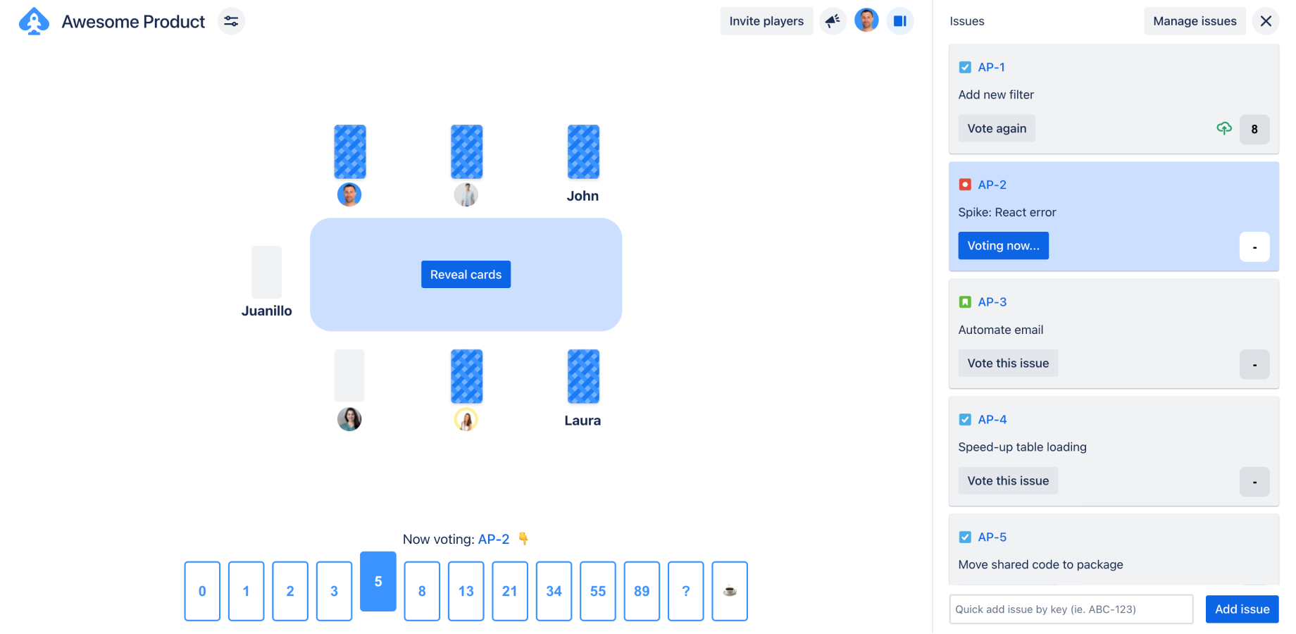 Poker table with people voting estimations