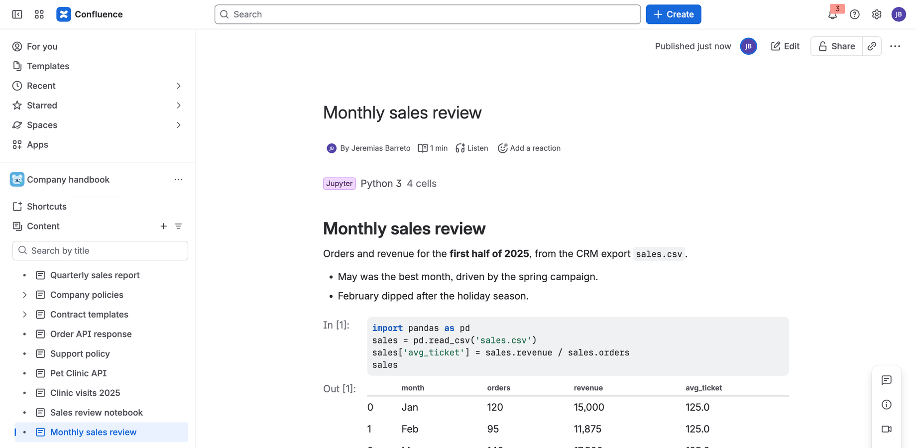A notebook with Markdown, code and a pandas table in a Confluence page.