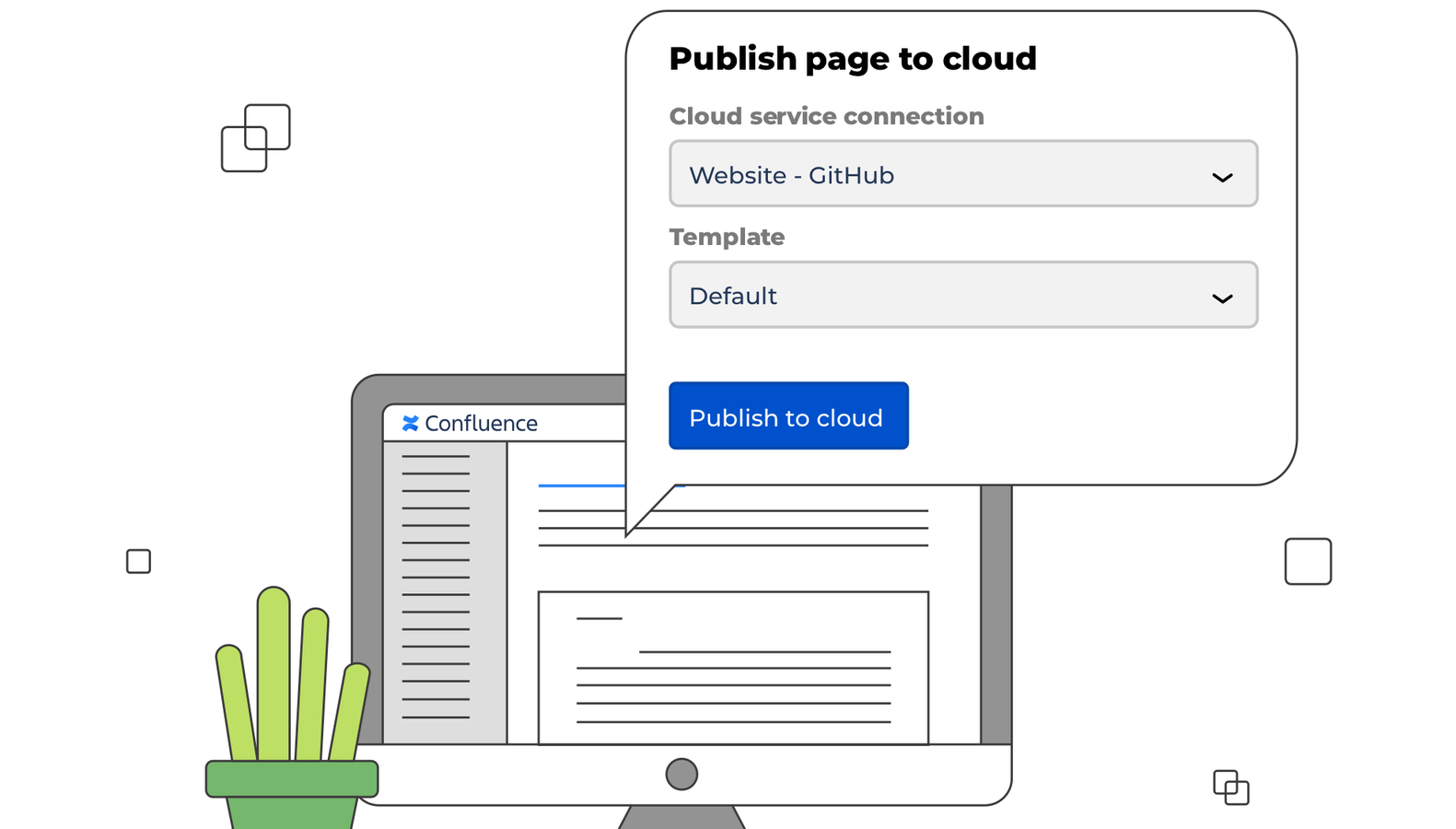 Publishing a Confluence page directly to Bitbucket, GitHub, GitLab, Amazon S3 or Zapier where it can automatically be deployed to your website.