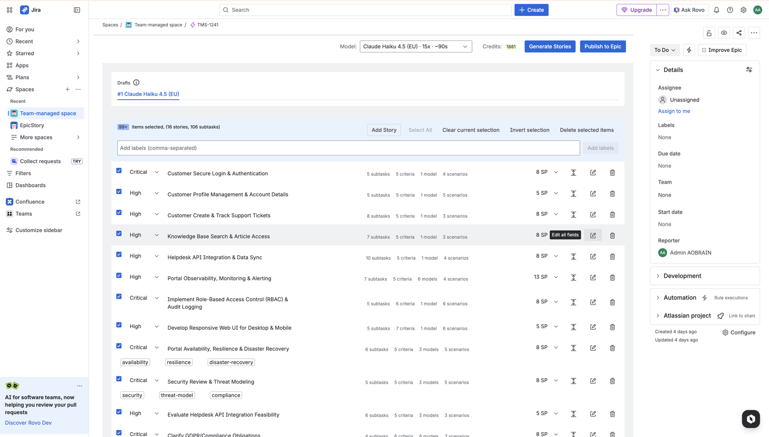 EpicStory reads the Epic description, generates a structured draft backlog, and keeps everything editable before publishing