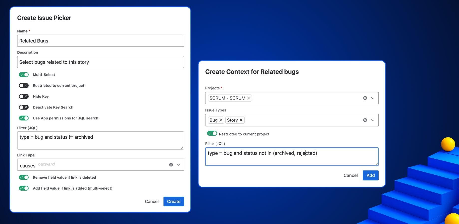 Configure smart Issue Picker fields using powerful JQL filters and flexible linking