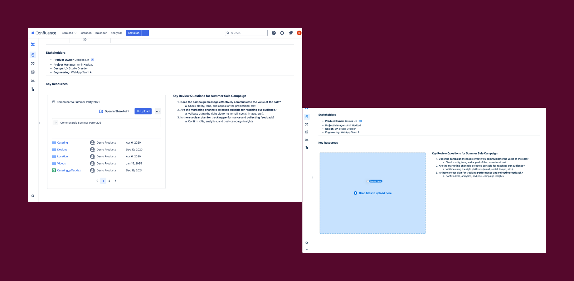 Upload files to SharePoint directly from Confluence pages.