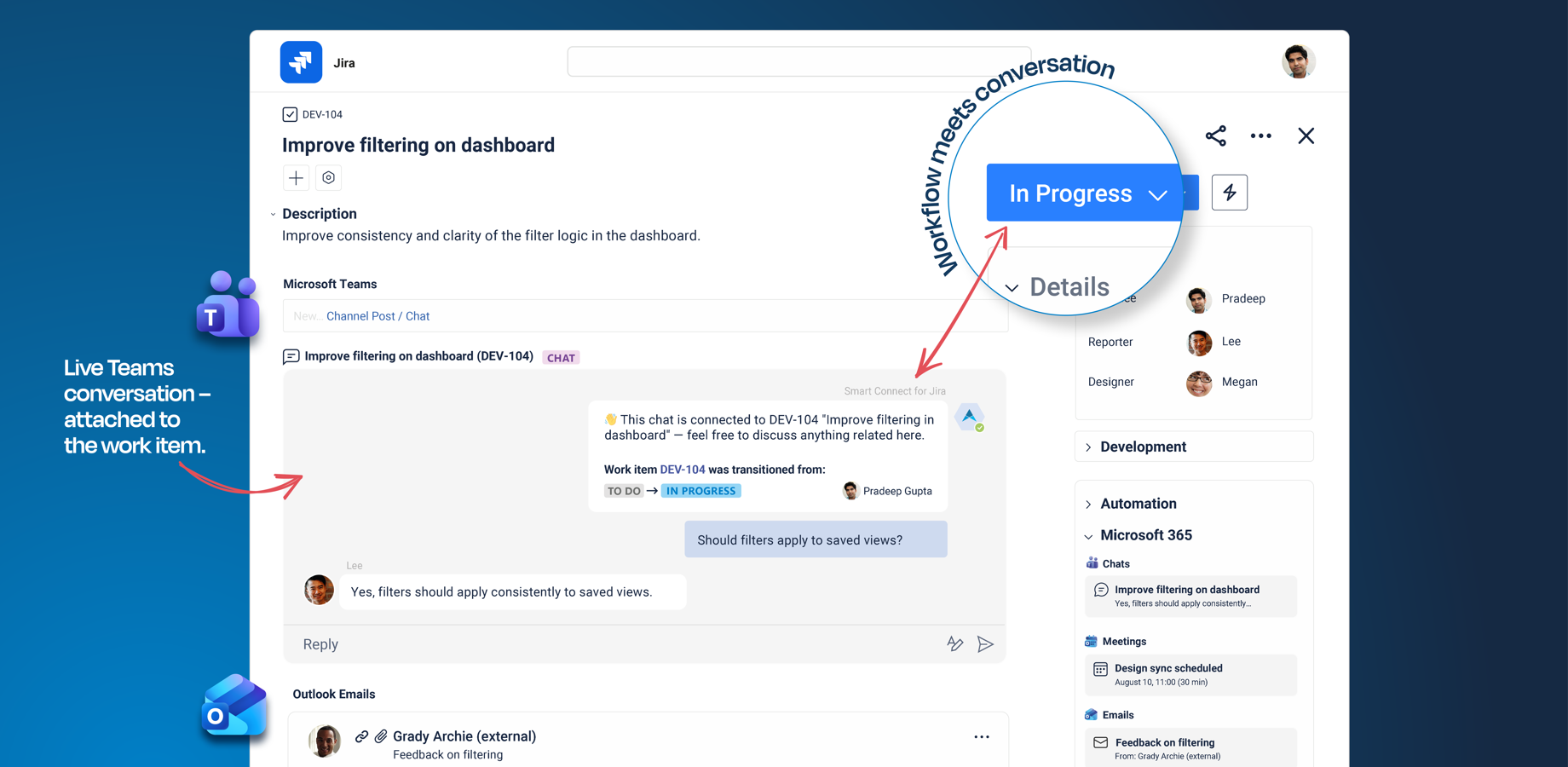 Teams conversations, Outlook emails, and meetings are embedded directly in the Jira work item or JSM request. You can view, reply, and keep all context in one place.