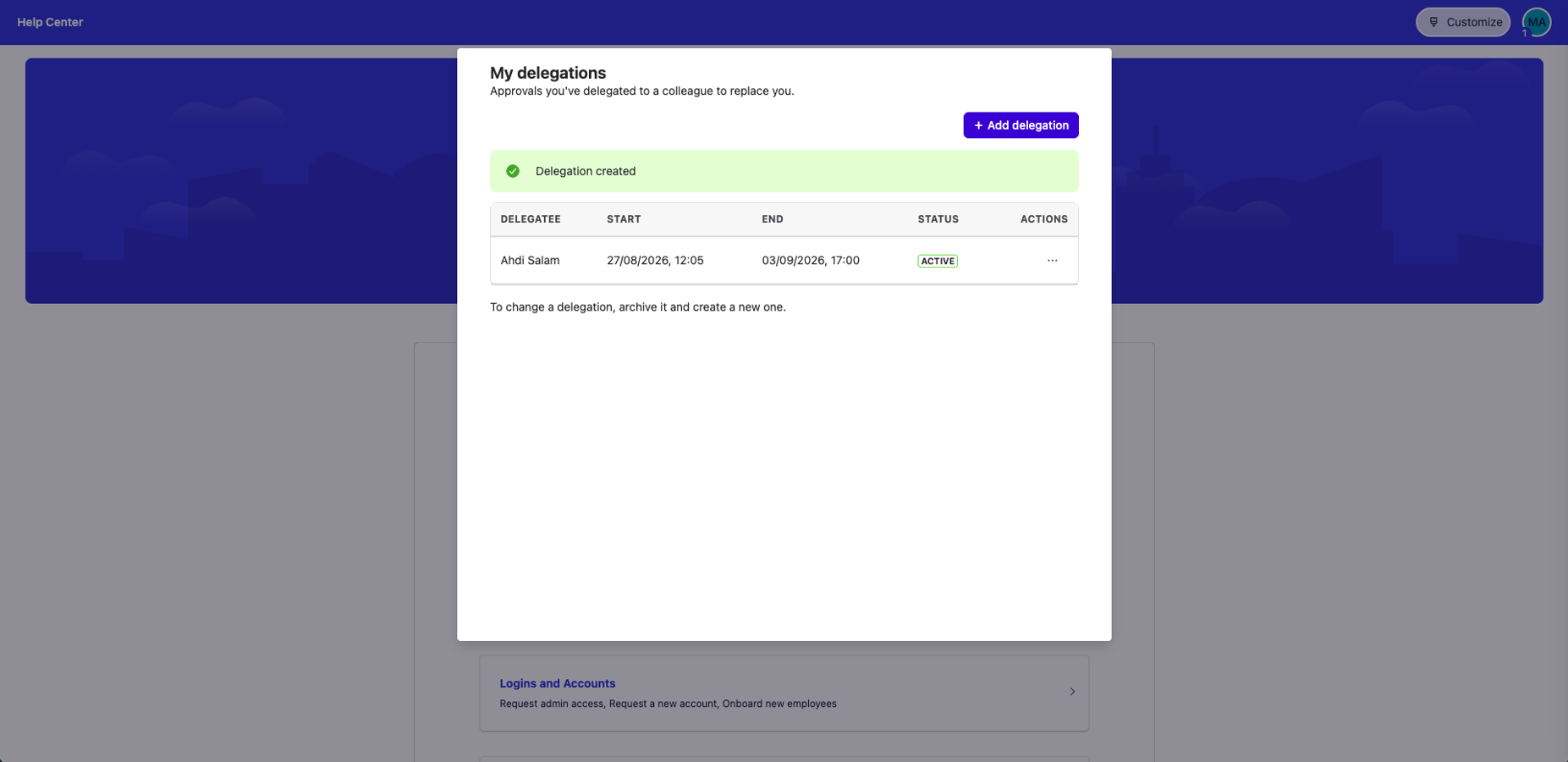 Users can seamlessly schedule and manage substitute approvers directly from the Help Center interface.