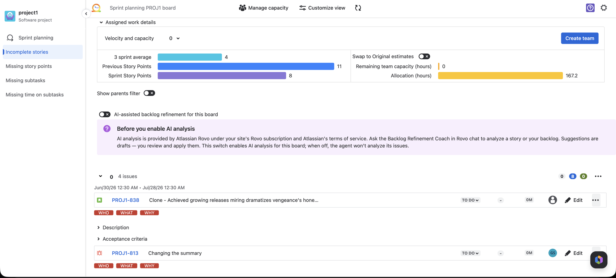 Estimating and planning either in story points or hours, Advanced sprint planning for Jira allows the team to plan against known factors, like past velocity and team capacity.