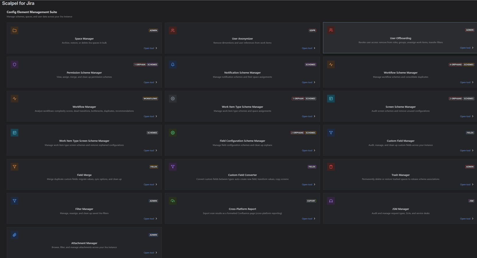 Config Element Management Suite with 19 admin tools across schemes, fields, users and content.