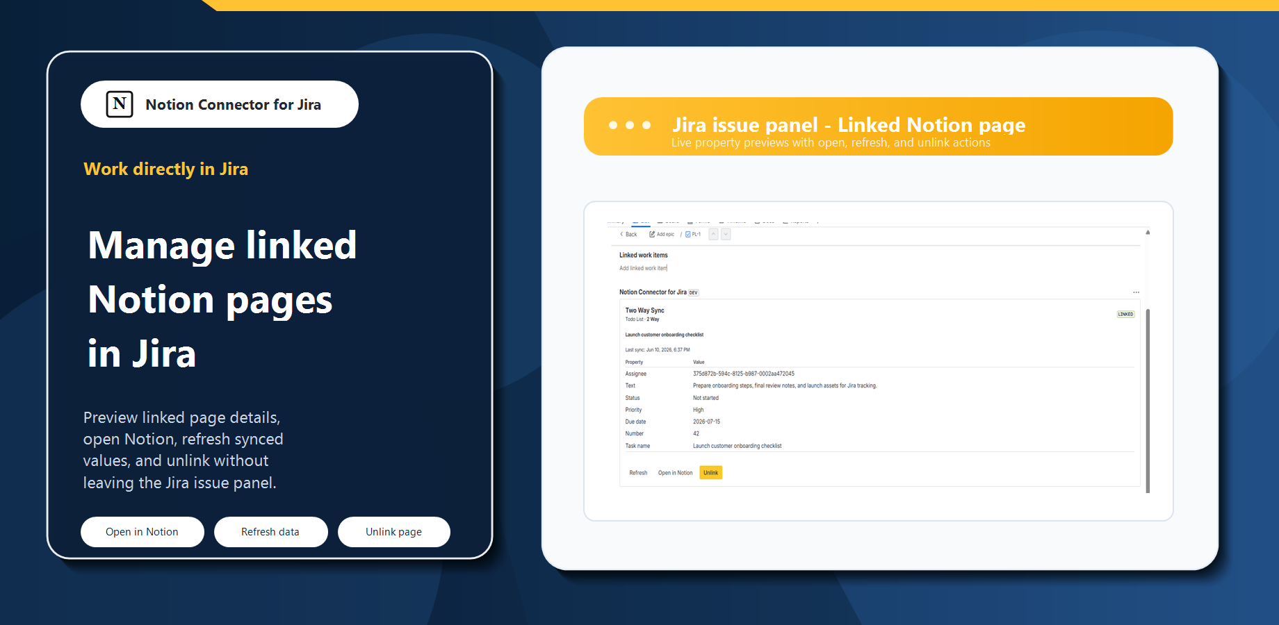 Jira issue panel with linked Notion page details, property previews, refresh, open, and unlink actions.