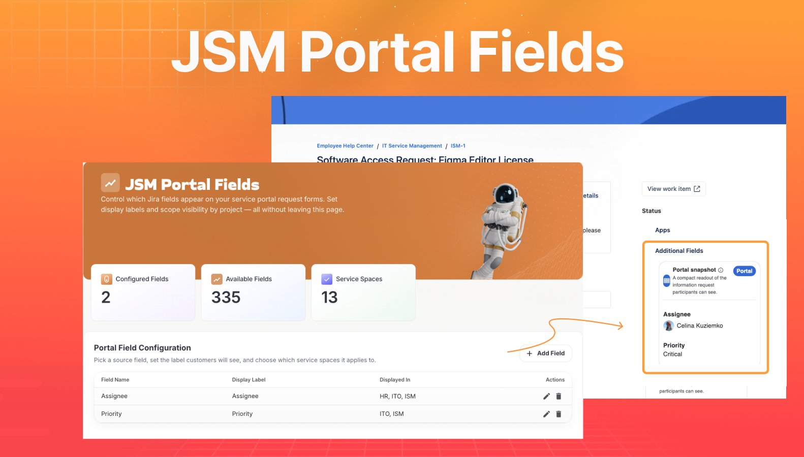 A custom field displayed as read-only information on the JSM customer portal, showing ticket details to the customer without requiring an agent to answer.