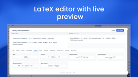 LaTeX editor with live preview. The formula editor with source, rendered preview and template library.