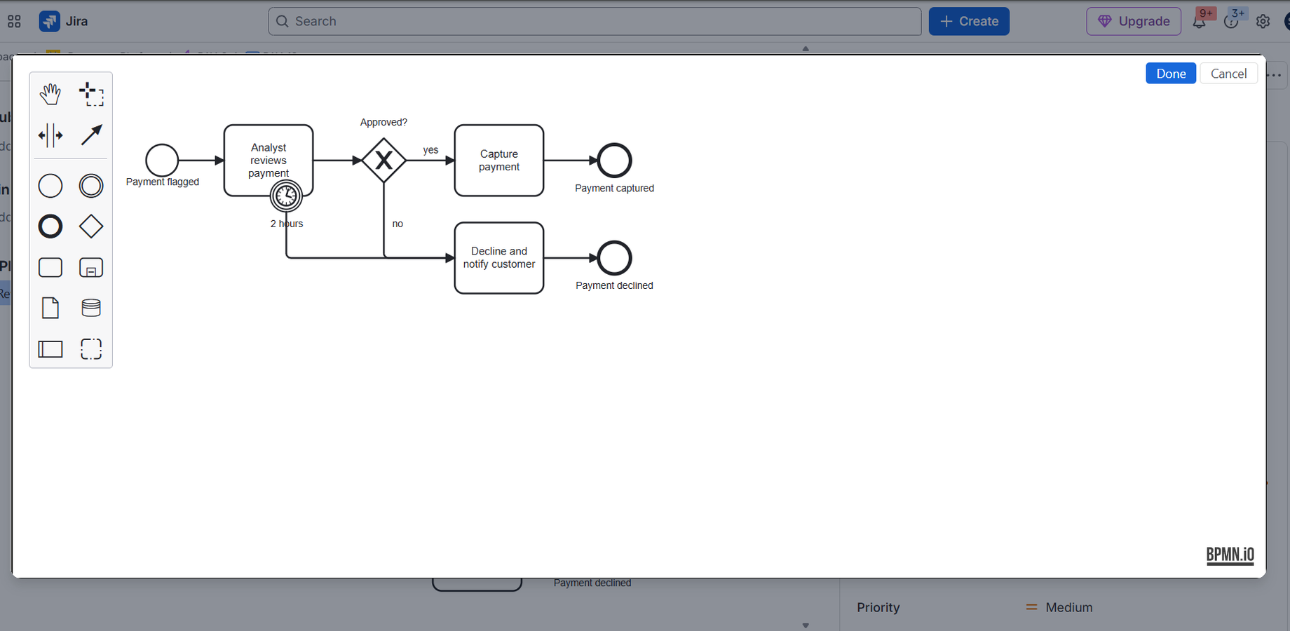 Model the approval process with the bpmn.io editor, full screen, inside Jira.