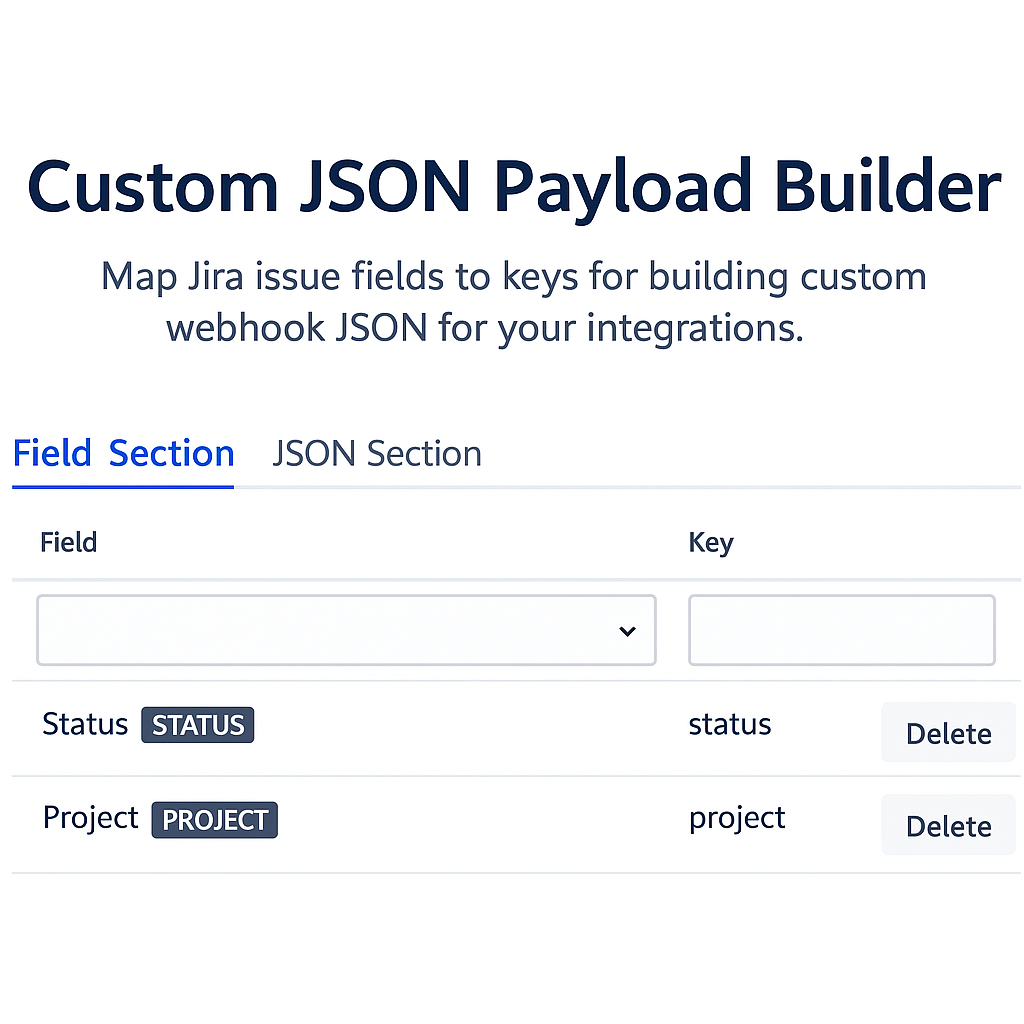Screenshot of custom JSON builder showing field-to-key mapping for webhook payloads.