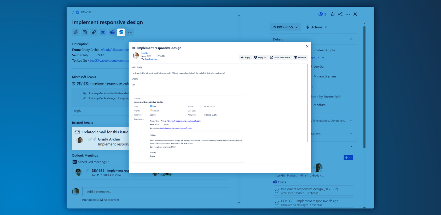 Share, read and send emails or whole conversations in your Jira issue. Future replies auto-sync for easy collaboration. Use canned responses and automation for efficiency. Works with Microsoft 365.