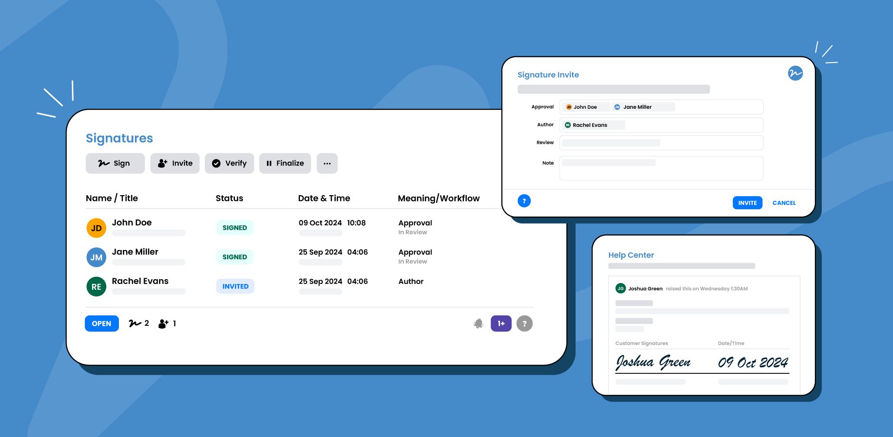 Designate and invite specific owners and signees to directly sign off on issues and tickets with regulatory-compliant digital signatures.