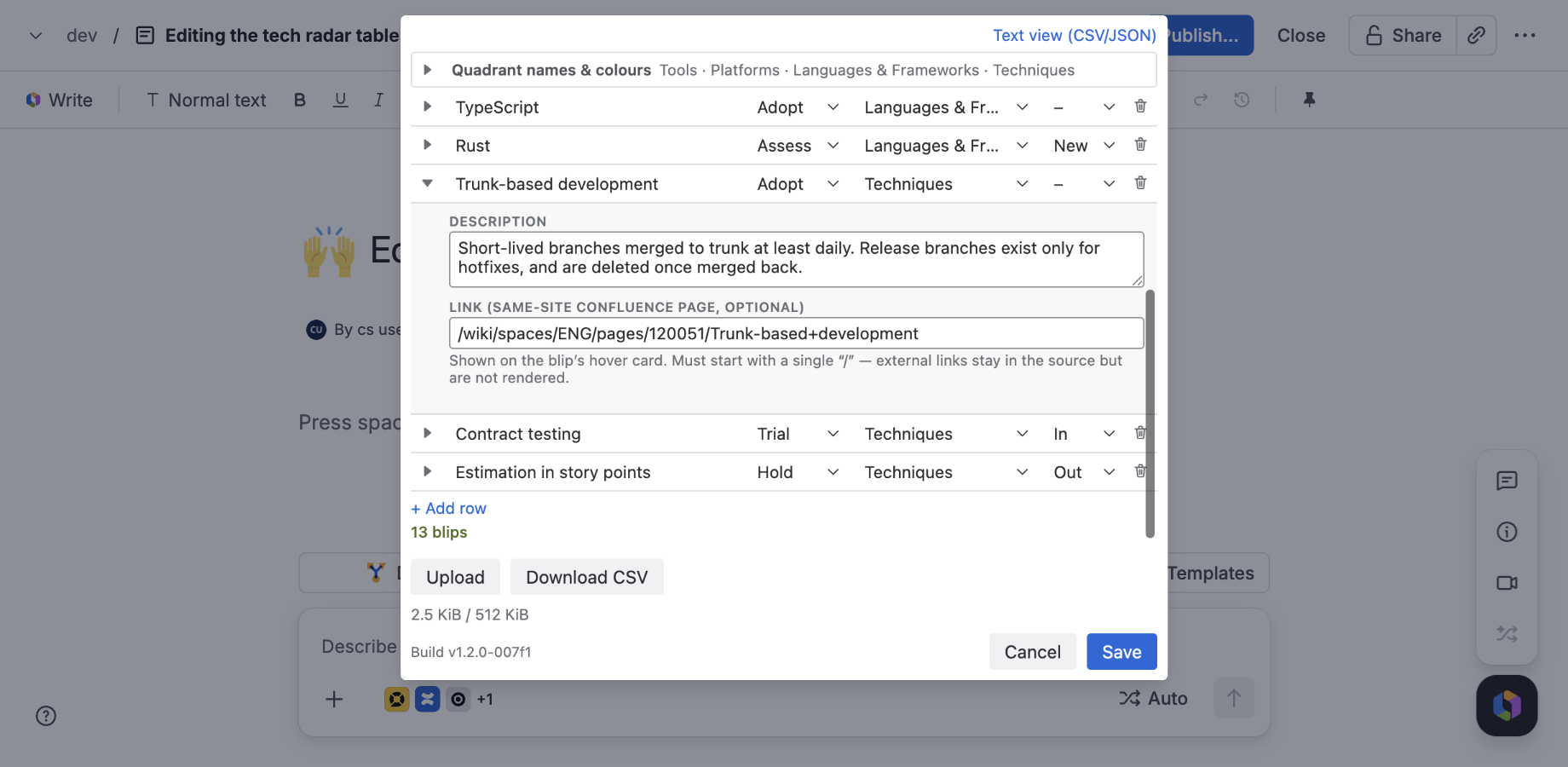 The macro editor in Table view: quadrant names and colours above, one row per blip with ring, quadrant and movement, and Upload and Download CSV in the footer.