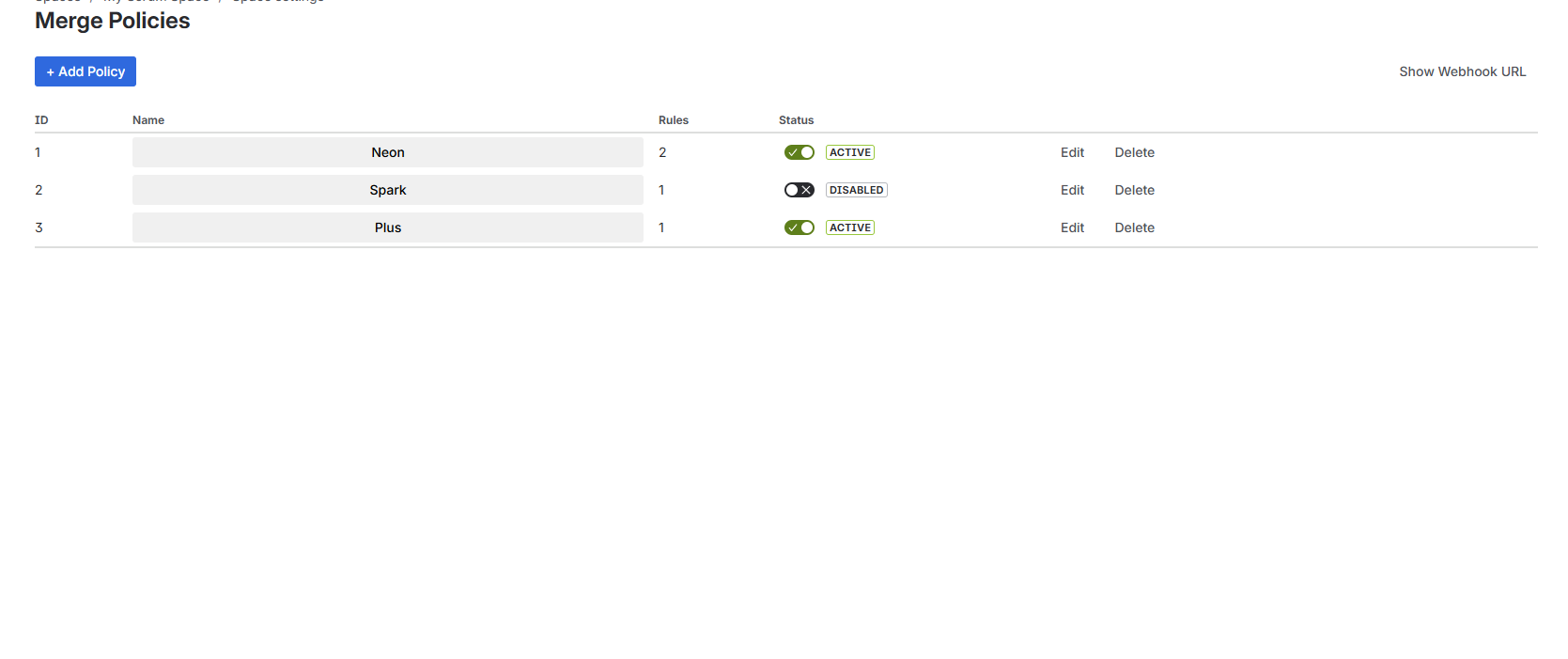 Merge Policies dashboard 