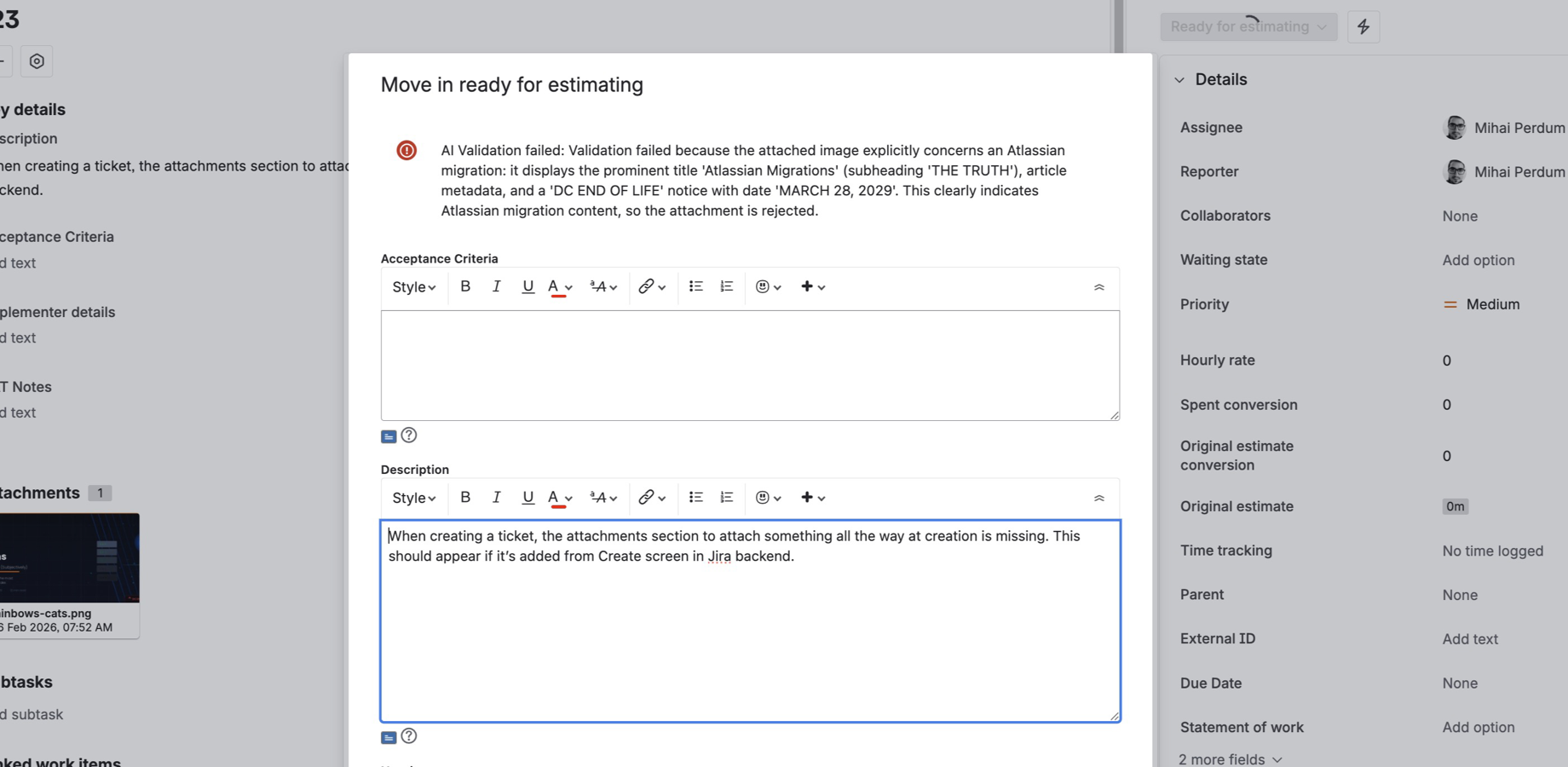 AI validation rejected a transition after analyzing an attached image and determining its content did not meet the configured validation criteria — no manual review needed.